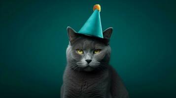 sarcelle toile de fond, chat avec chapeau ronronnement anniversaire vœux ai généré photo