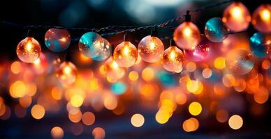 de fête brillant coloré Noël guirlande sur flou bokeh arrière-plan, Nouveau année bannière - ai généré image photo