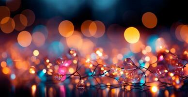 de fête brillant coloré Noël guirlande sur flou bokeh arrière-plan, Nouveau année bannière - ai généré image photo