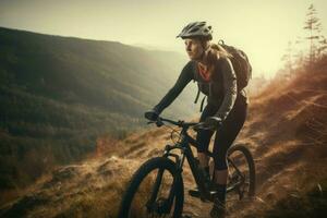 femelle cycliste montagnes. produire ai photo