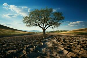 sécheresse sinistré sol ours seul arbre, dépeindre climat changements l'eau pénurie impact ai généré photo