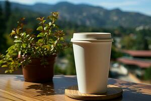 Extérieur siroter, papier tasse berceaux café, harmonisant avec le Naturel alentours ai généré photo