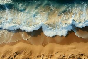 Haut vue sablonneux plage toile de fond, parfait pour maquettes et La publicité avec visible texture ai généré photo