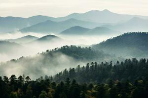 enfumé nuageux montagnes la nature des arbres. produire ai photo