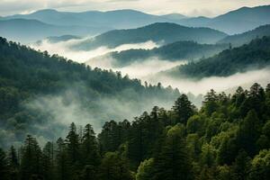 enfumé nuageux montagnes des arbres naturel. produire ai photo