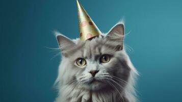 chat avec anniversaire chapeau, minou anniversaire, isolé sur bleu Contexte ai généré photo