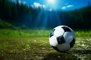 sphérique des sports Balle repose pacifiquement sur une lit de herbe ai généré photo