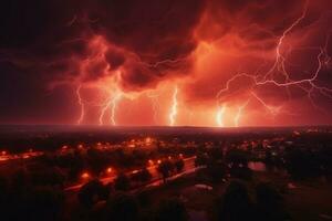 apocalyptique scène rouge orageux ciel percé par éblouissant foudre. ai généré photo