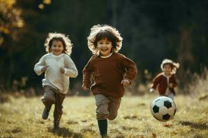 peu les enfants en jouant Football dans parc. produire ai photo