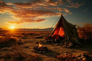 désert solitude camp seul au milieu de sablonneux région sauvage, loin de animé monde ai généré photo