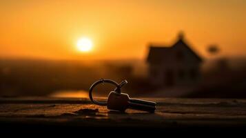 silhouette de une maison figure avec une clé, une stylo avec une porte-clés sur le Contexte de le le coucher du soleil ai généré photo