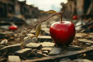 Pomme repose sur aride sol, symbolisant faim, l'eau rareté, et agricole défis ai généré photo