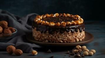 ester gâteau avec Chocolat Garniture et des noisettes sur gris Contexte ai généré photo