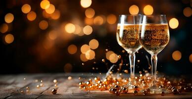 des lunettes de Champagne ou pétillant du vin dans une de fête atmosphère. joyeux Noël et content Nouveau année - ai généré image photo