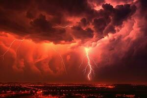 de mauvais augure rouge ciel illuminé par féroce foudre grèves. ai généré photo