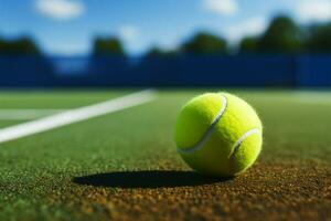 Jeu sur le vert tribunal avec une vibrant tennis Balle ai généré photo