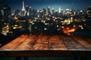 la nuit atmosphère en bois table avec ville bâtiments doucement flou dans le toile de fond ai généré photo