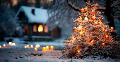 Nouveau année vacances concept. grand Noël arbre décoré avec des balles et guirlande - ai généré image photo