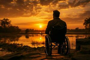 silhouette de une fauteuil roulant utilisateur contre coucher de soleil, dépeindre force et inébranlable esprit ai généré photo