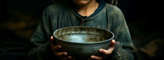 faim enfant détient vide bol, mise en évidence nourriture insécurité ai généré photo