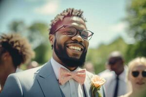 joyeux jeune marié mariage faire la fête. produire ai photo