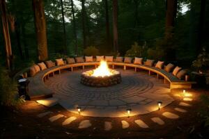 une terrasse avec une embrasé foyer en dessous de le étoilé nuit. produire ai photo