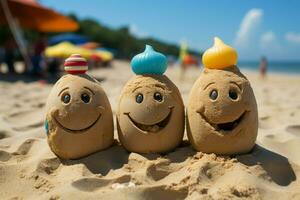 partagé des moments famille visage symbole sur sablonneux plage, pièce pour personnalisation ai généré photo