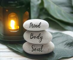 esprit, corps et âme mots gravé sur Zen des pierres avec noir lampe Contexte. Zen concept photo