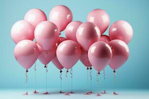 pastel populaire, 3d rendu des ballons sur rose, une de fête Contexte pour anniversaires ai généré photo