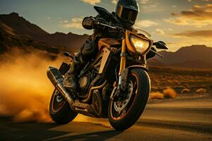 lever du soleil Autoroute balade motocycliste les vitesses, offre copieux copie espace, incorporant Matin aventure ai généré photo