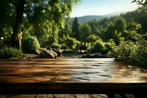 région sauvage afficher installer vide en bois table dans parc pour mettant en valeur des produits au milieu de la nature ai généré photo