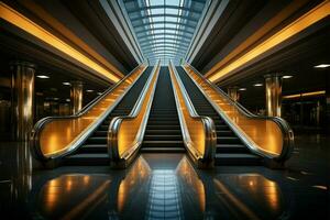 précision Capturer détail coup révèle escalier mécanique dans contemporain bâtiment ou métro station ai généré photo