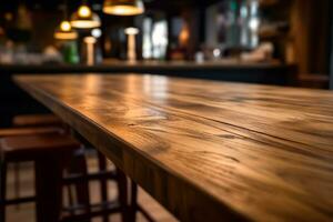 en bois les tables surface contre une flou restaurant bar intérieur. ai généré photo