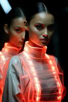 éthéré des modèles habillé dans éclairé par LED tenue incorporant une futuriste minimaliste style contre embrasé arrière-plans photo