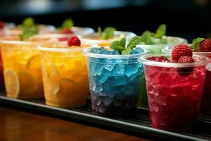 Plastique tasses tenir congelé fruit des barbotines, aligné dans une coloré, glacial rangée ai généré photo