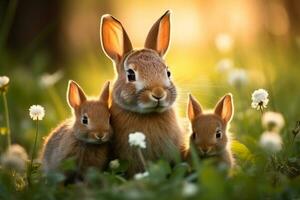 une réconfortant moment capturé dans une luxuriant Prairie bébé lapins se blottir avec leur nourrir mère Contexte avec vide espace pour texte photo