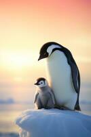 une réconfortant image de une manchot parent et poussin leur liaison représenté magnifiquement contre une serein pente toile de fond dans Antarctique photo