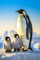 une charmant photo de manchot Parents et leur adorable poussins ensemble contre une Stupéfiant antarctique Contexte avec vide espace pour texte