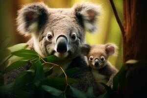 une réconfortant Capturer de une koala mère tendrement partage eucalyptus feuilles avec sa adorable joey au milieu de luxuriant australien les forêts photo
