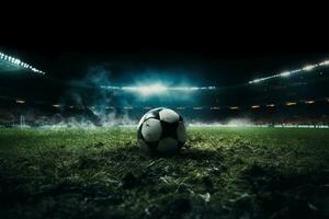 projecteur correspondre, embrasé lumières améliorer Football action sur illuminé champ ai généré photo
