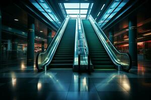 architectural dynamique proche en haut de escalier mécanique dans contemporain bâtiment ou métro station ai généré photo