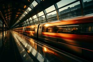 transitoire se ruer mouvement brouiller cadres haute la vitesse les trains passage par animé station ai généré photo