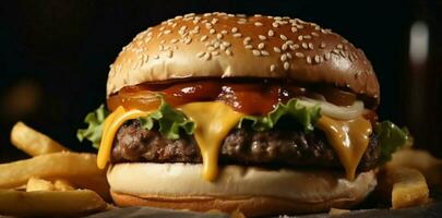 gourmet plaisir, délectable Burger jumelé avec d'or frites. ai généré photo