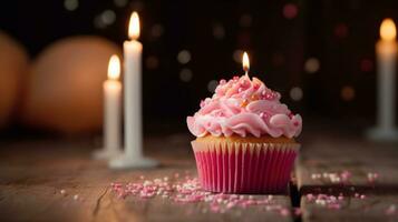 anniversaire - petit gâteau avec bougie et rose décoration ai généré photo