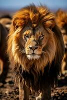 une féroce regarder vers le bas entre une territorial Masculin Lion et une pack de hyènes combat pour une fraîchement tué gnou carcasse photo