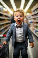 une Jeune enfant jette une colère dans une supermarché rayon provoquant le chaos et frustration pour leur épuisé parent photo