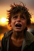 une fermer photo de une frustré enfant avec larmes diffusion vers le bas leur visage contre une vibrant le coucher du soleil pente Contexte