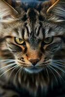 une fermer photo capturer le intense regard de une chat révélateur ses interne fureur et défi dans une Ménage réglage