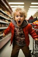 une enfant cris et piétine leur pieds dans une bondé supermarché rayon frustré plus de une refusée bonbons demande photo