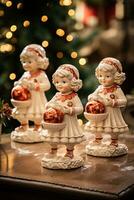 charmant céramique figurines reflétant une classique ancien Noël niché au milieu de le de fête décor photo